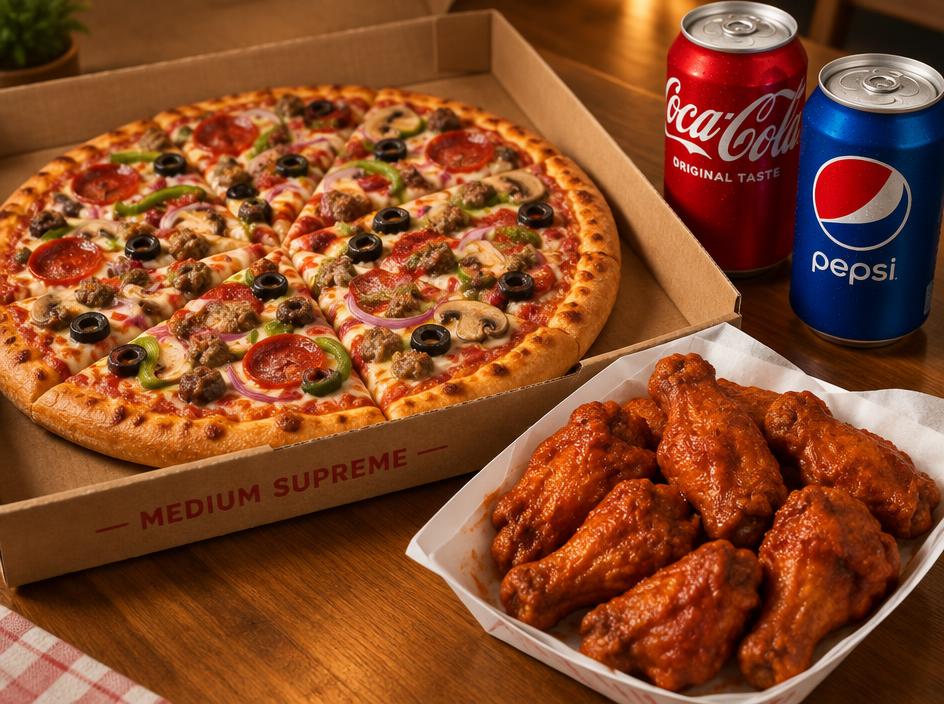 Medium Pizza + 10 Wings + 2 Pops