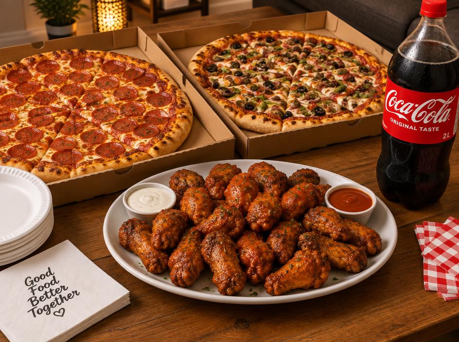 Two large pizzas with wings and pop