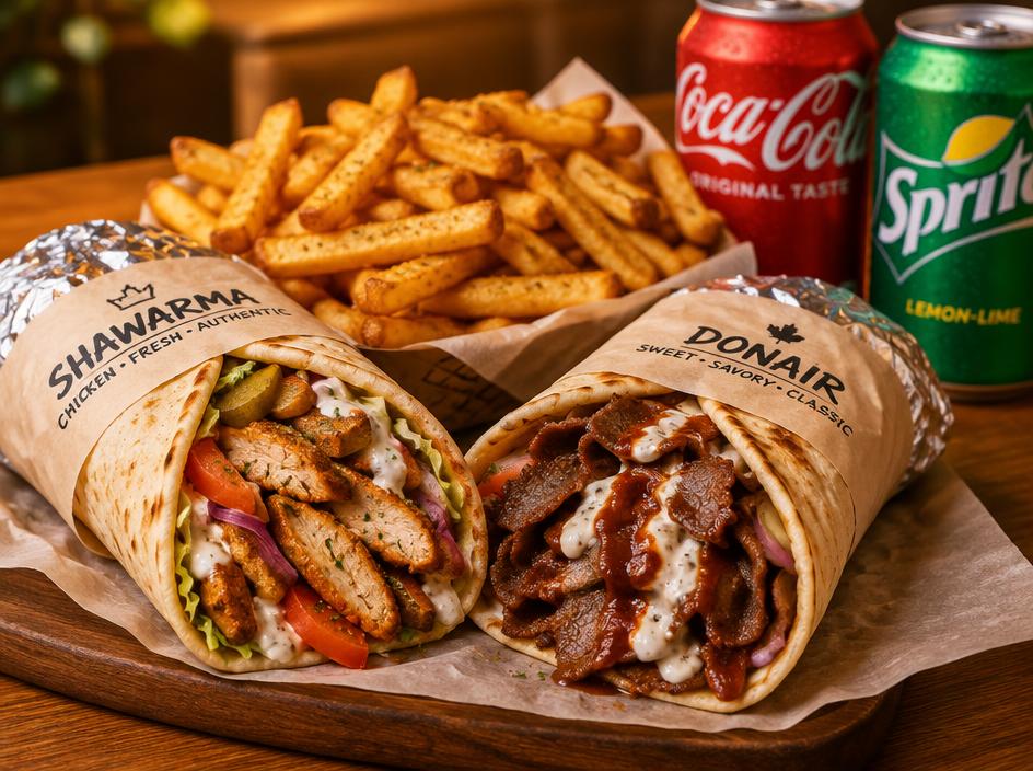 2 Chicken or Donair Wraps + Large Fries + 2 Pops